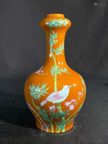 Chinese Coral Red Porcelain Vase with Bird Scene