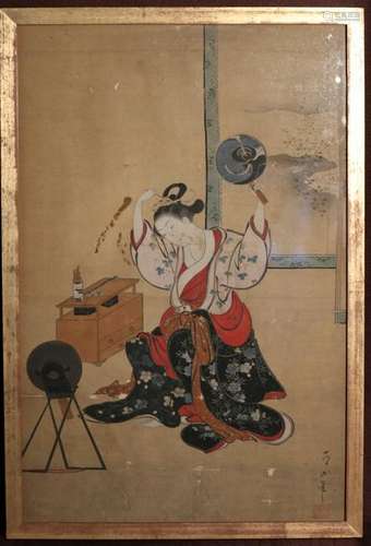 Rare Ukiyo-e Painting on Silk by Kawamata Tsunemasa