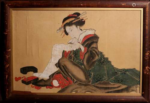 Rare Ukiyo-e Painting on Silk of a Geisha - Unsigned -