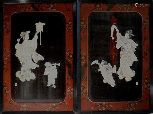 Large Pair Japanese Panel with Fugurine Scene