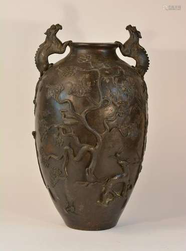 Chinese Heavy Bronze Vase of Deer and Kirin Scene -