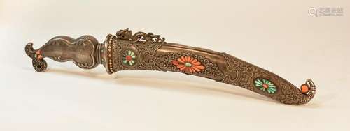 Fine Chinese Mongolian Silver Dagger with Coral Inlay