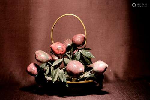 Chinese Cloisonne Basket with Hardstone Peach