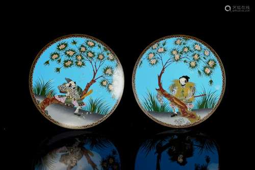 Pair Japanese Cloisonne Chargers - Samurai