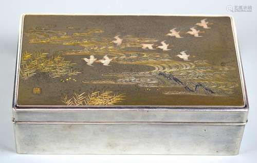 Japanese Silver Box with Mixed Metal Bird Scene