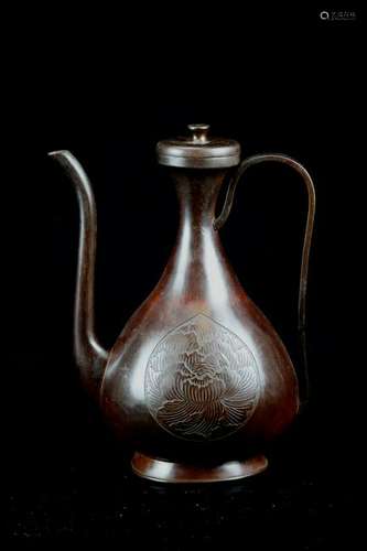 Japanese Bronze Ewer with Floral Motif - Signed By