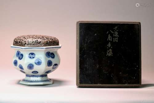 Japanese Blue White Porcelain Censer with Silver Lid