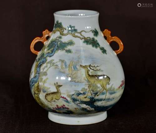 Chinese Porcelain Hu Vase with Deer Scene