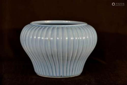 Chinese Blue Glazed Porcelain Urn with Ribbed Design