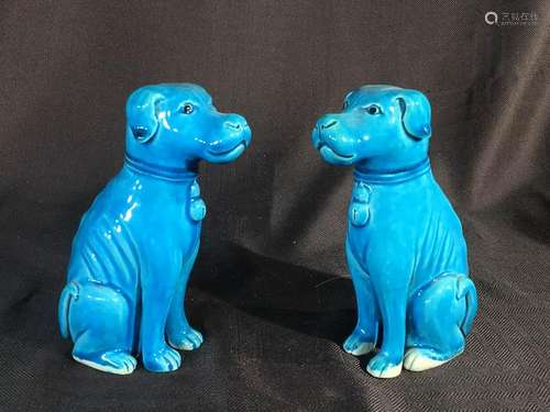 Pair Peacock Blue Chinese Porcelain Model of Dog