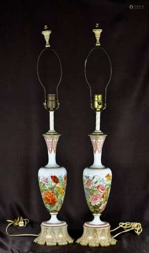 Pair Painted Art Glass Vase lamps