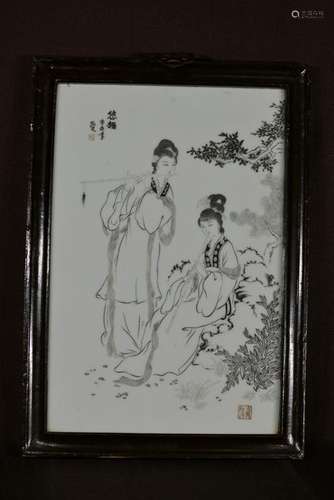 Chinese Etched Porcelain Plaque with Lady Scene