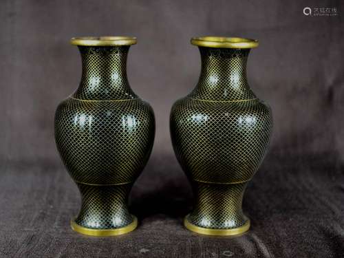 Pair Chinese Fish Scale Cloisonne Vase