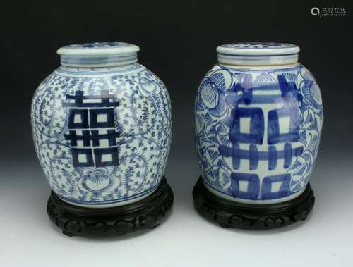 2 BLUE & WHITE FLORAL GINGER JARS ON STANDS