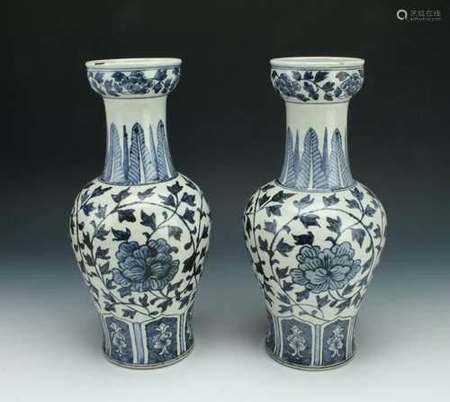 PAIR BLUE & WHITE FLORAL VASES