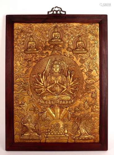 FRAMED BRONZE THANGKA WITH EIGHTEEN ARMED BUDDHA