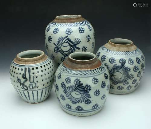 4 BLUE & WHITE GINGER JARS