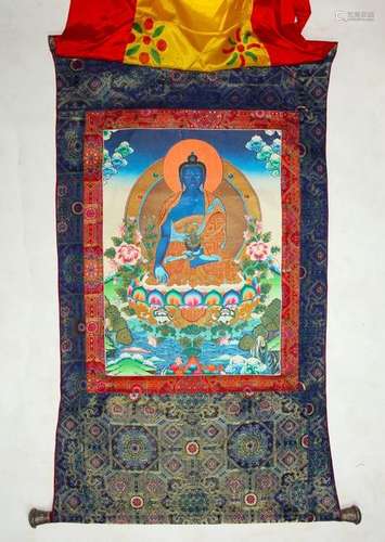 BLUE BUDDHA THANGKA WITH SILK COVER