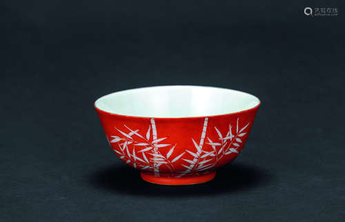 矾紅留白竹紋碗