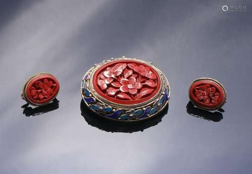 CHINESE CINNABAR & ENAMEL PIN & EARRING SET