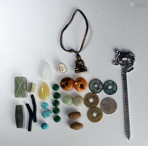 ASSEMBLED LOT CHINESE JADE AMBER BEADS & COINS