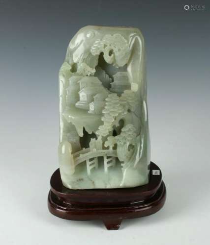 LARGE CARVED JADE MOUNTAIN VILLAGE ON STAND