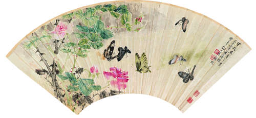 孔小瑜（1899～1984）花蝶书法 季 康（1913～？） 设色纸本 扇片