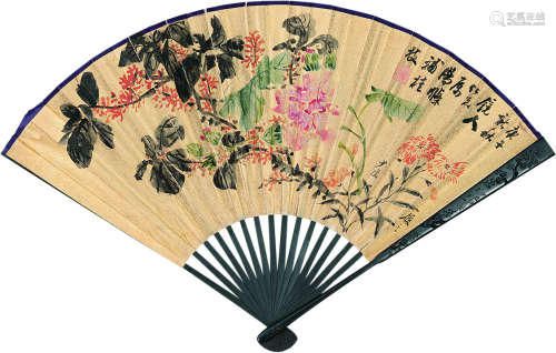 汤 涤（1878～1948）花卉书法饶凤璜（1876～1953） 设色纸本 成扇