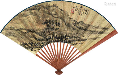 姜 筠（1847～1919）山水书法 许振祎（1829～1899） 设色纸本 成扇
