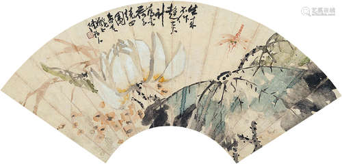 陈务人（1870～1947）荷花蜻蜓 设色纸本 扇面