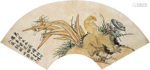 陆 恢（1851～1920）幽兰黄雀图 设色纸本 扇面