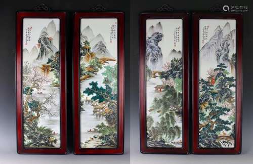 4 WOODEN FRAMED PORCELAIN LANDSCAPE PLAQUES