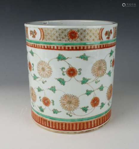 ORANGE & GREEN & GOLD PORCELAIN FLOWER BRUSH POT