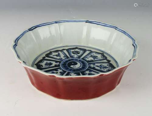 LOBED BLUE & WHITE OXBLOOD BOWL