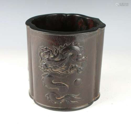 ZITAN CARVED DRAGON BRUSH POT