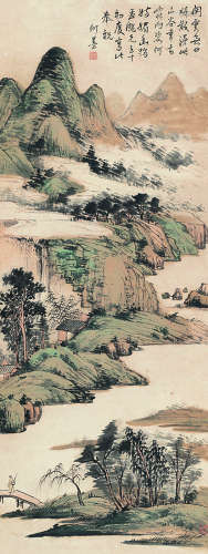 何墨（1895～?）山谷霖雨图 设色纸本立轴