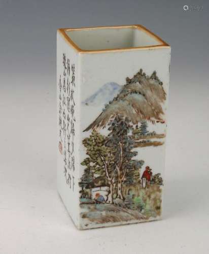 SMALL RECTANGULAR PORCELAIN LANDSCAPE BRUSH POT