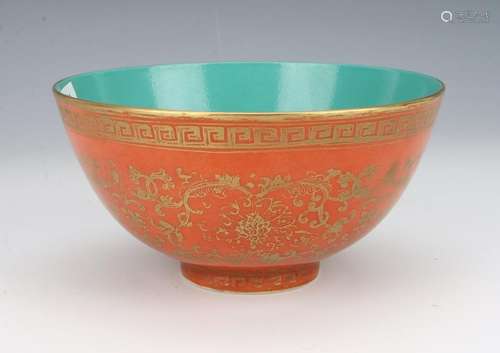 ANTIQUE ORANGE & GOLD PORCELAIN BOWL