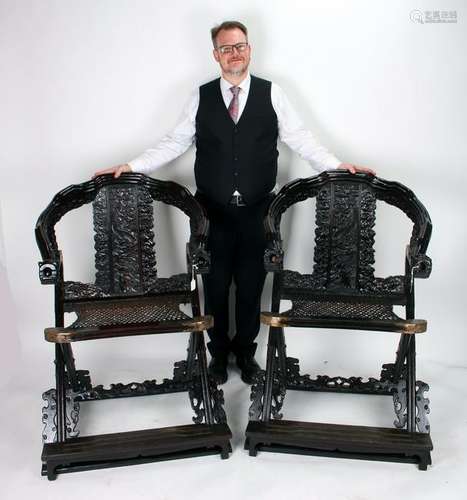 PAIR ELABORATE ZITAN FOLDING CHAIRS W DRAGON ARMS