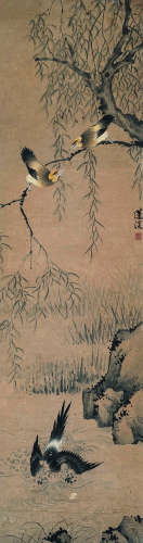 莲溪（1816～1884）柳荫鸟戏图 设色纸本立轴