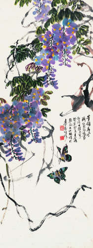 王个簃（1897～1988）紫藤 张大壮（1903～1980） 设色纸本立轴
