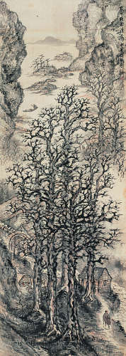 胡铁梅（1848～1899）溪野人家图 设色绢本立轴