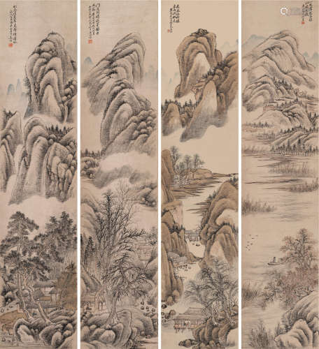 姜筠（1847～1919）山水四屏 设色纸本立轴