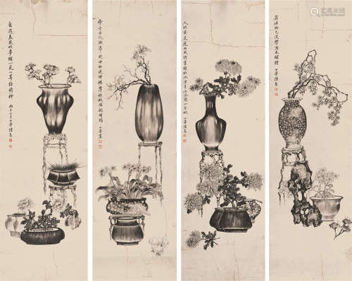 陆小曼（1903～1965）清供四屏 水墨纸本镜框