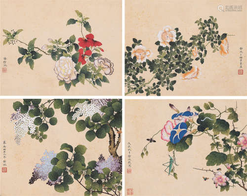 潘静淑（1892～1939）花卉四开 设色纸本镜片