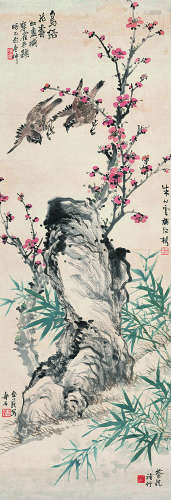 蔡铣（1871～1946）鸟语花香陈摩（1886～1945）朱竹云（1898～1952）金寿石（1885～1938） 设色纸本立轴