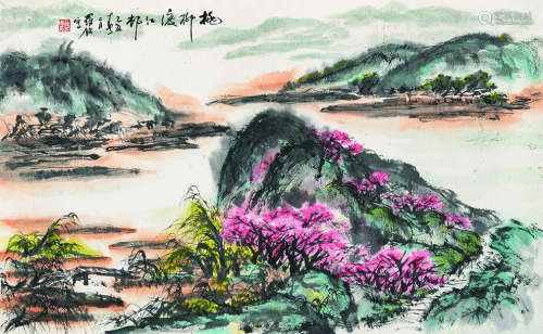 罗铭（1912～1998）桃柳渡江邨 设色纸本立轴