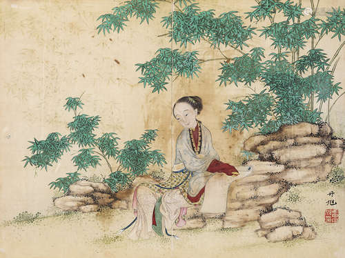 费丹旭（1802～1850） 青竹仕女 镜框 设色纸本