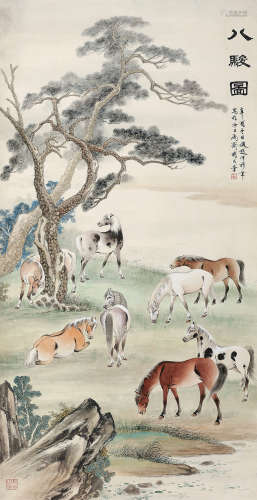 胡成荣（1931～2003） 八骏图 立轴 设色纸本