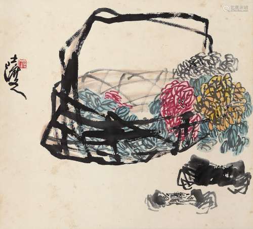 沈耀初（1907～1990） 菊黄蟹肥 立轴 设色纸本